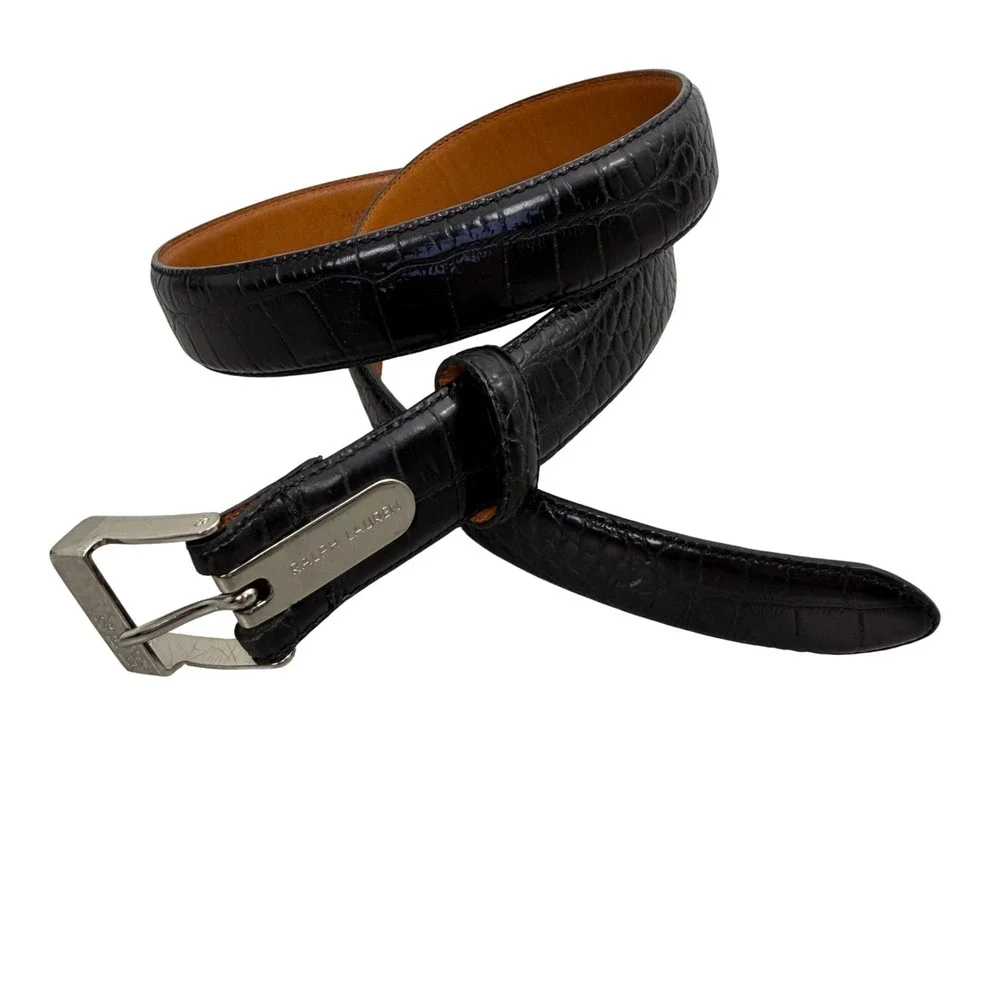 Ralph Lauren Belt Womens Small Black Leather Crocodile Embossed Silver Buckle
